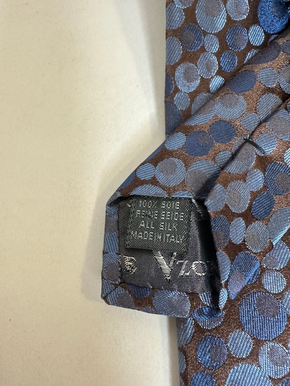Vzone Valentino blue brown circular geometric 100% Italian silk tie quiet luxury