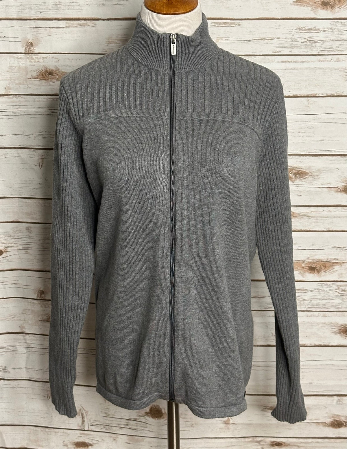 Michael Kors grey ribbed knit long sleeve full zip sweater Medium minimalism