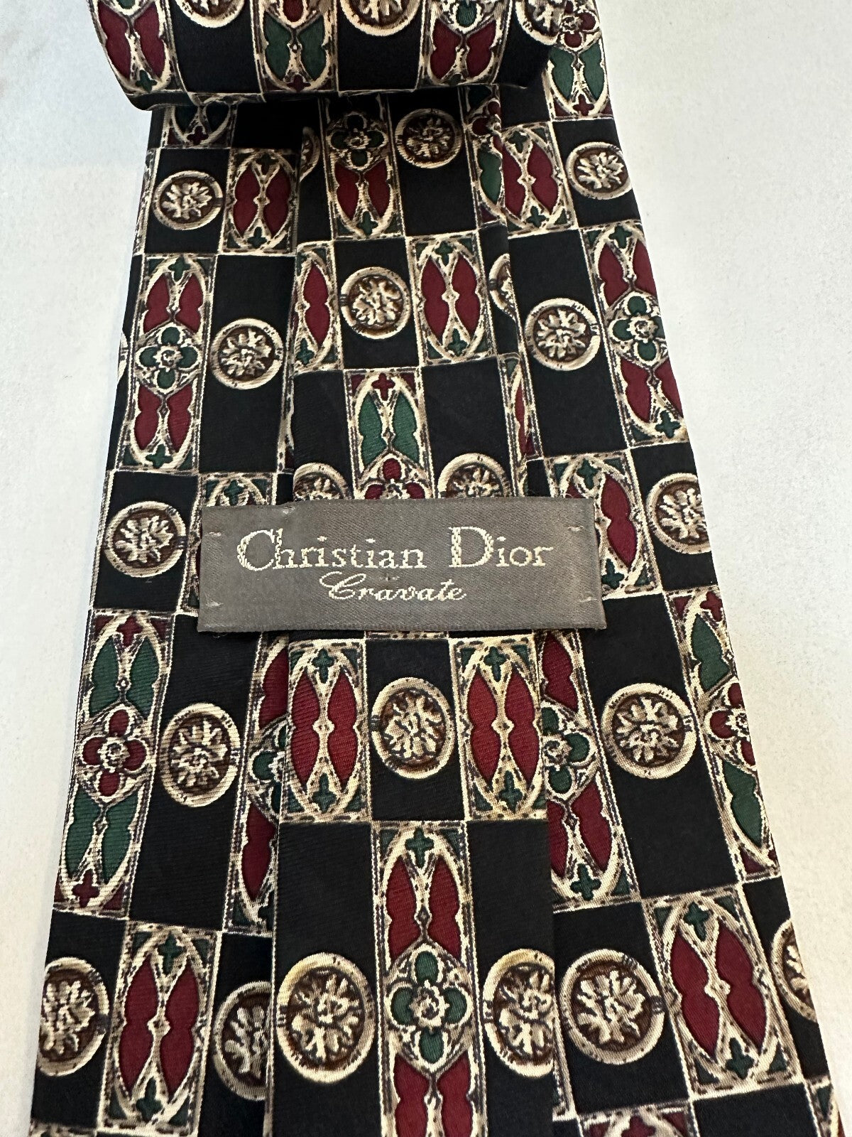 Vintage Christian Dior Crevates black burgundy teal cream 100% silk tie designer