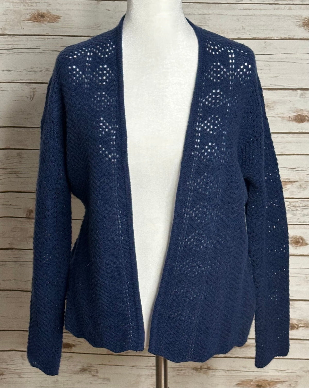 Garnet Hill navy blue cashmere linen pointelle knit open cardigan sweater XS