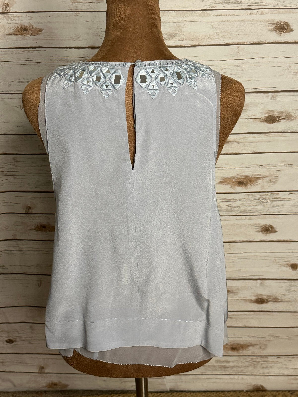 Rebecca Taylor light blue silver geometric embroidered sleeveless silk top 4