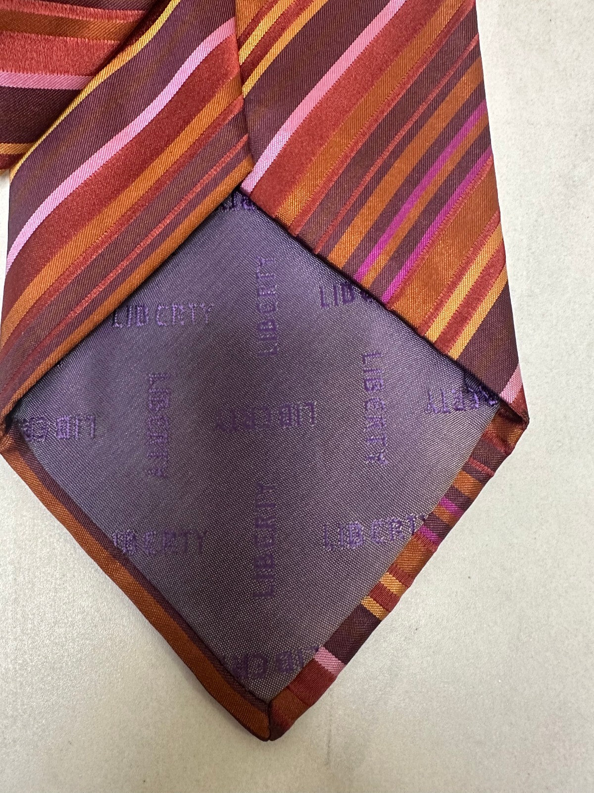 Liberty of London burgundy purple gold striped 100% silk tie made in England