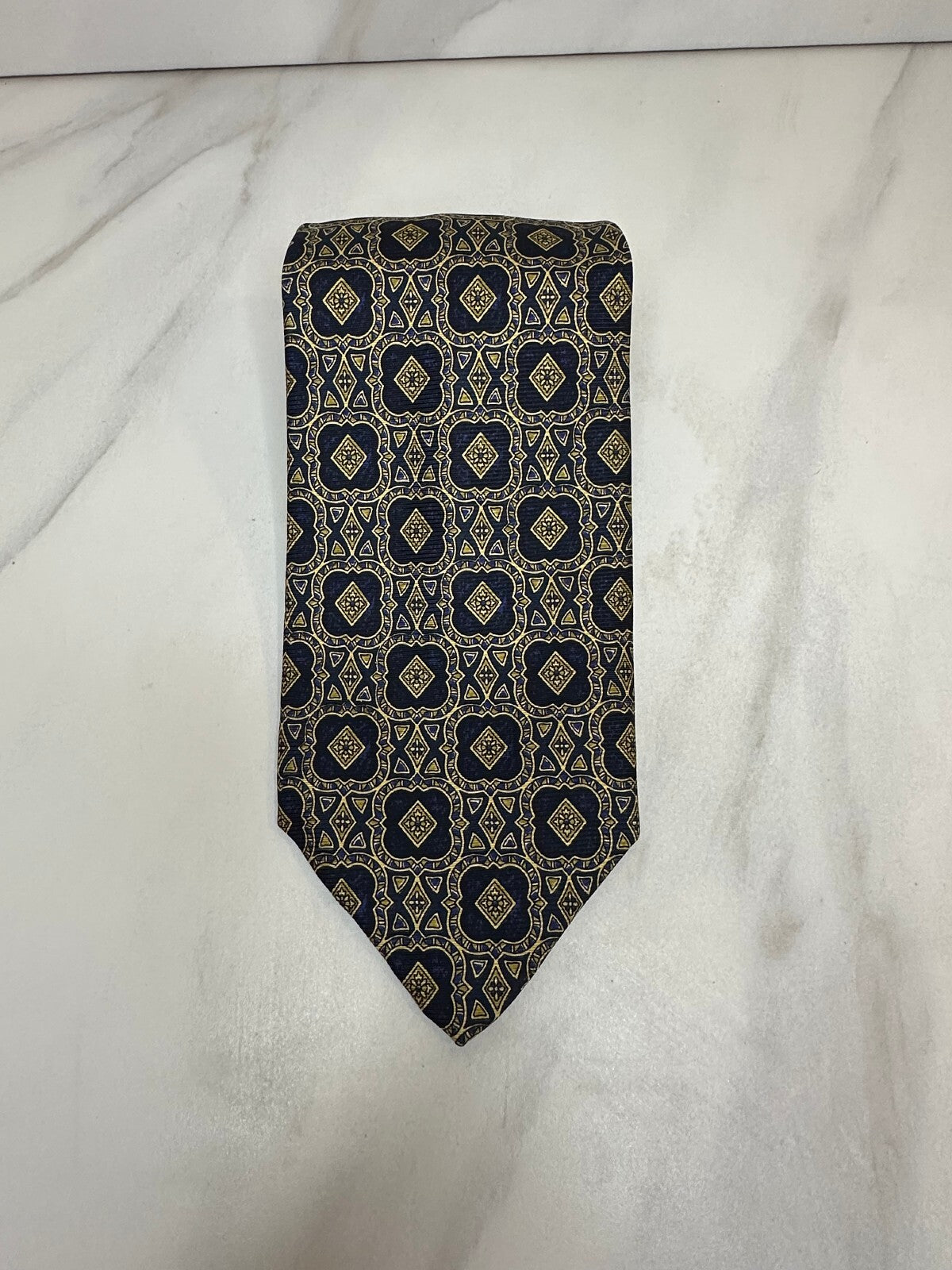 Robert Talbott Nordstrom navy gold geometric 100% silk tie old money made in USA