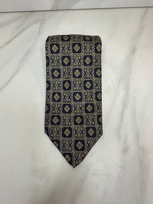 Robert Talbott Nordstrom navy gold geometric 100% silk tie old money made in USA