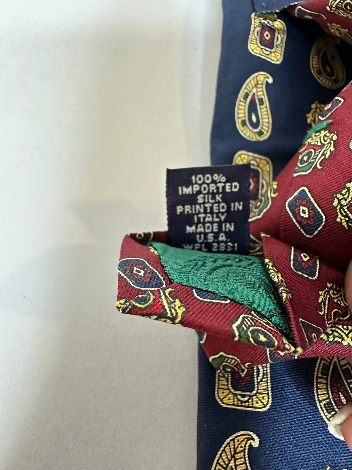 Tommy Hilfiger navy burgundy gold paisley rectangular geometric 100% silk tie