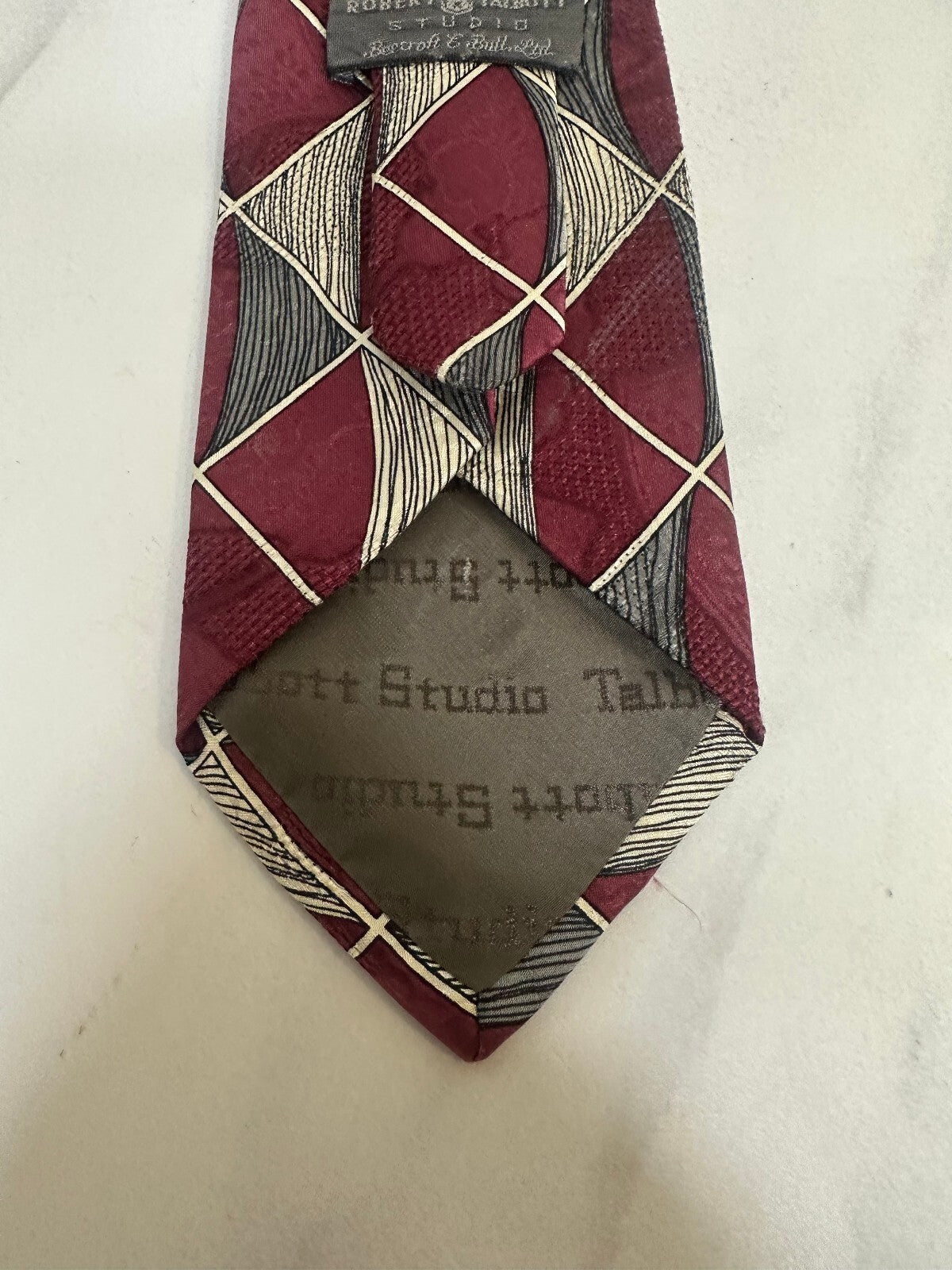 Vintage Robert Talbott Studio burgundy grey ivory abstract geometric silk tie