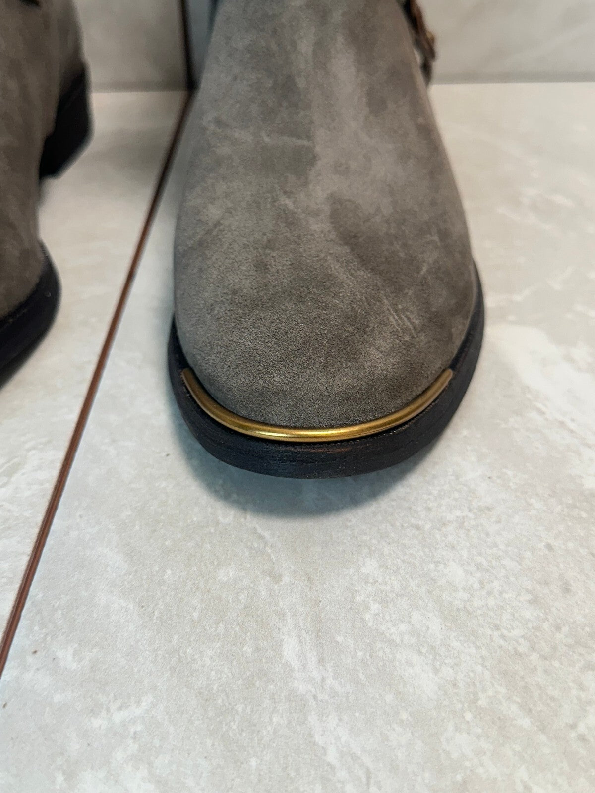 Discontinued UGG Kelby mouse gray suede harness moto mid-calf boots Size 8 biker