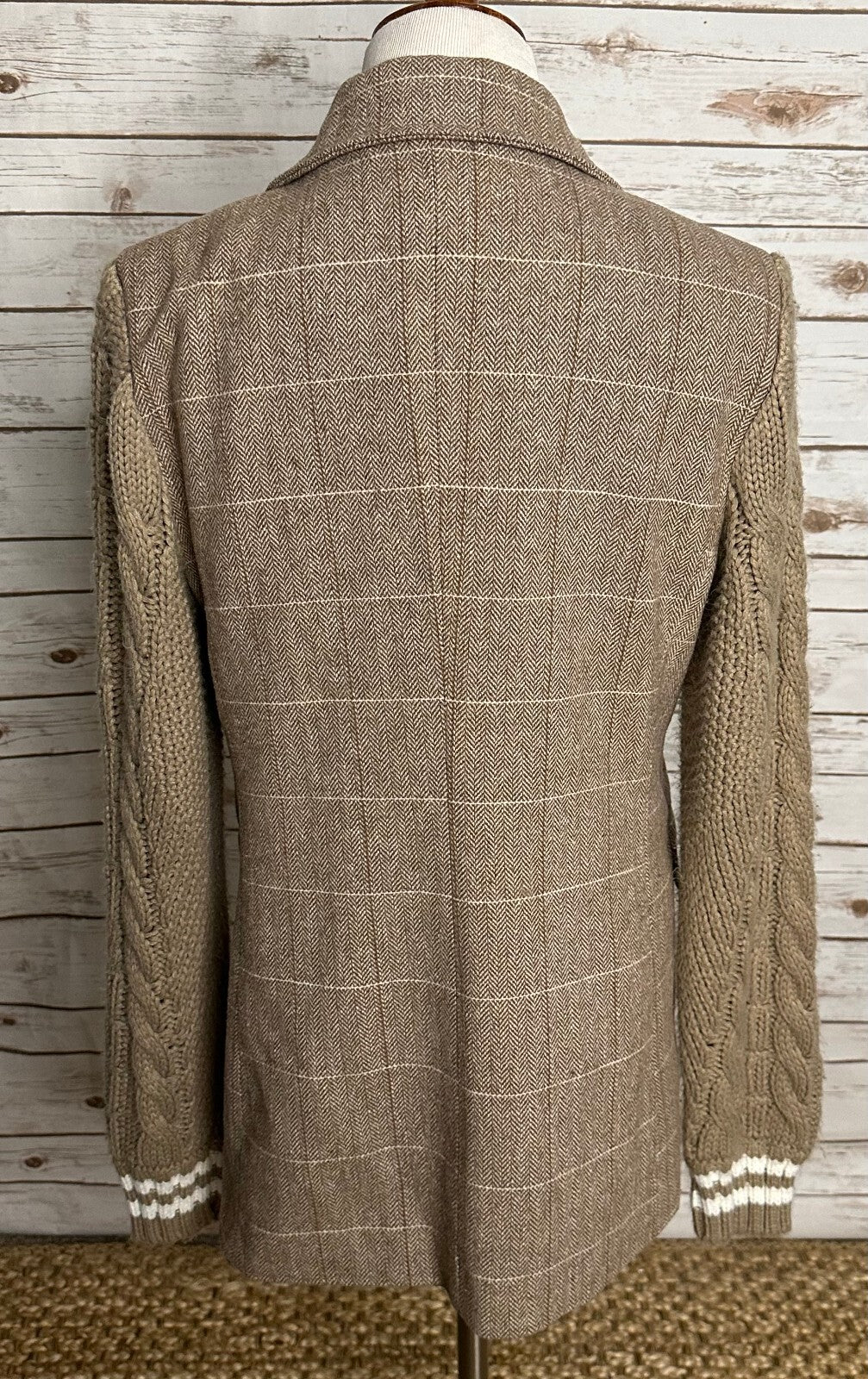 Avec Les Filles taupe herringbone long cable-knit sleeve wool-blend blazer Medium