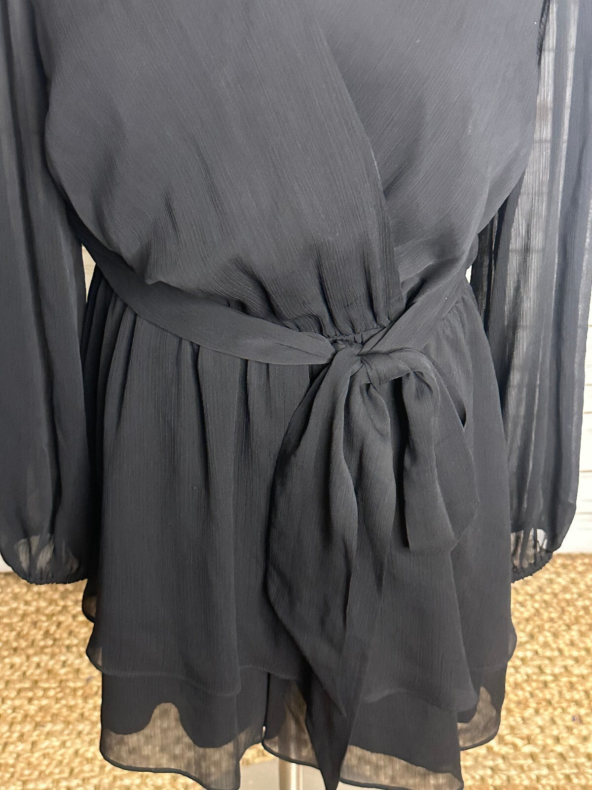 Express Conscious Edit black chiffon sheer long sleeve wrap-style romper Medium