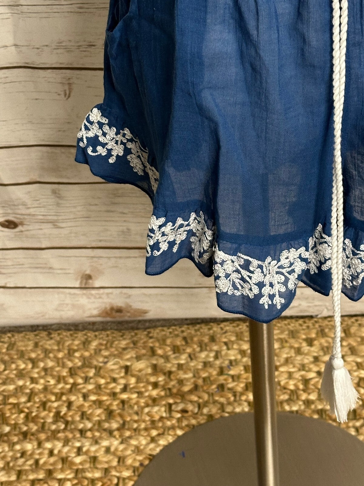 Lucky Brand blue white embroidered off the shoulder romper Small beach festival