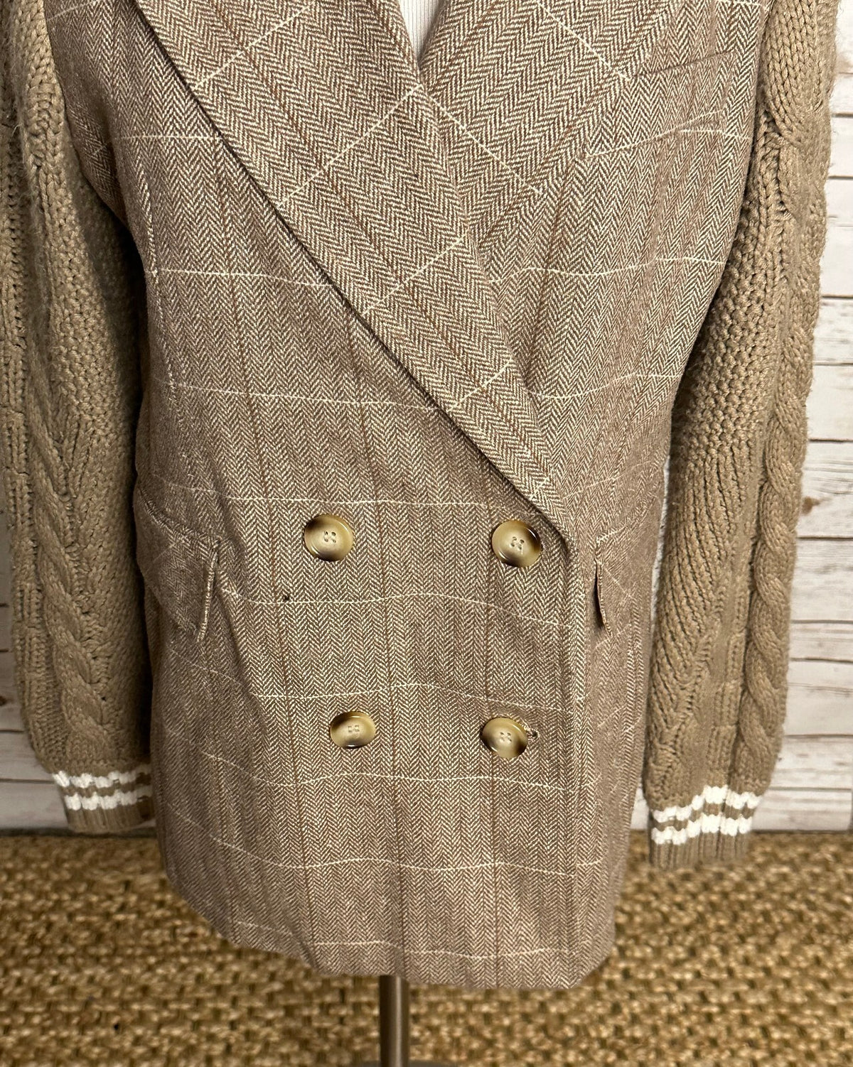 Avec Les Filles taupe herringbone long cable-knit sleeve wool-blend blazer Medium