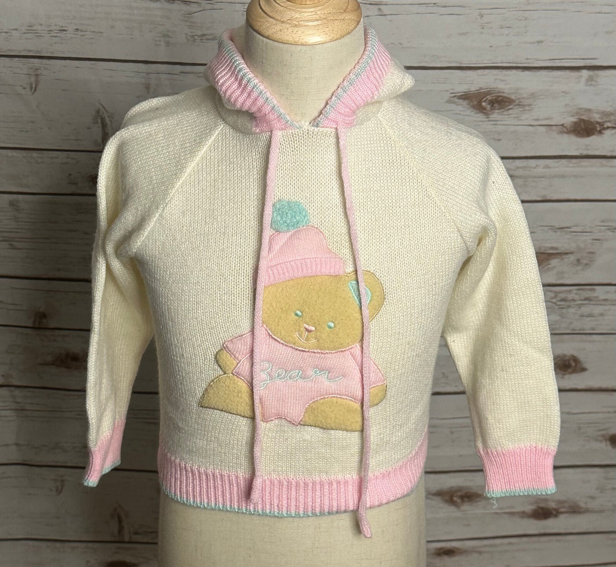 Vintage Quiltex cream teddy bear applique full zip hooded sweater Size 24M