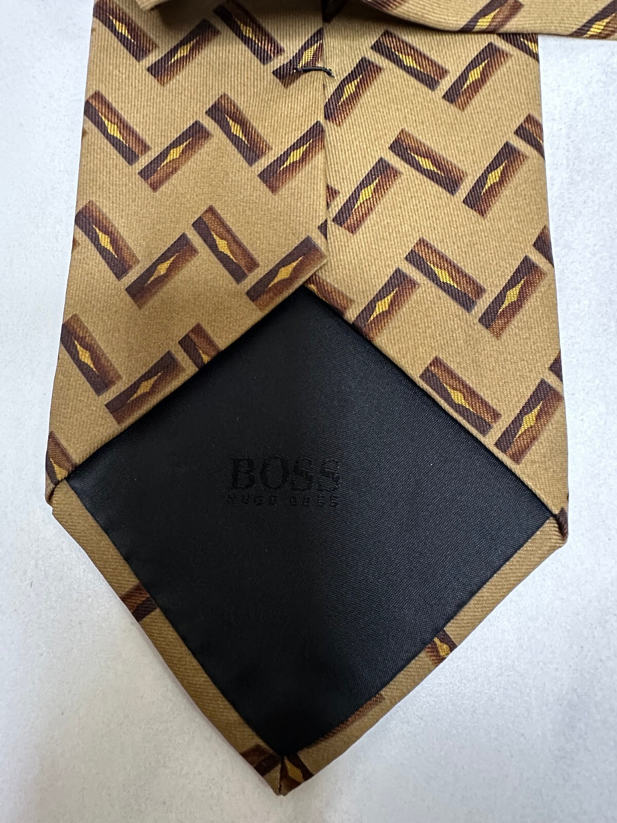 Boss Hugo Boss tan brown geometric 100% Italian silk tie classic quiet luxury