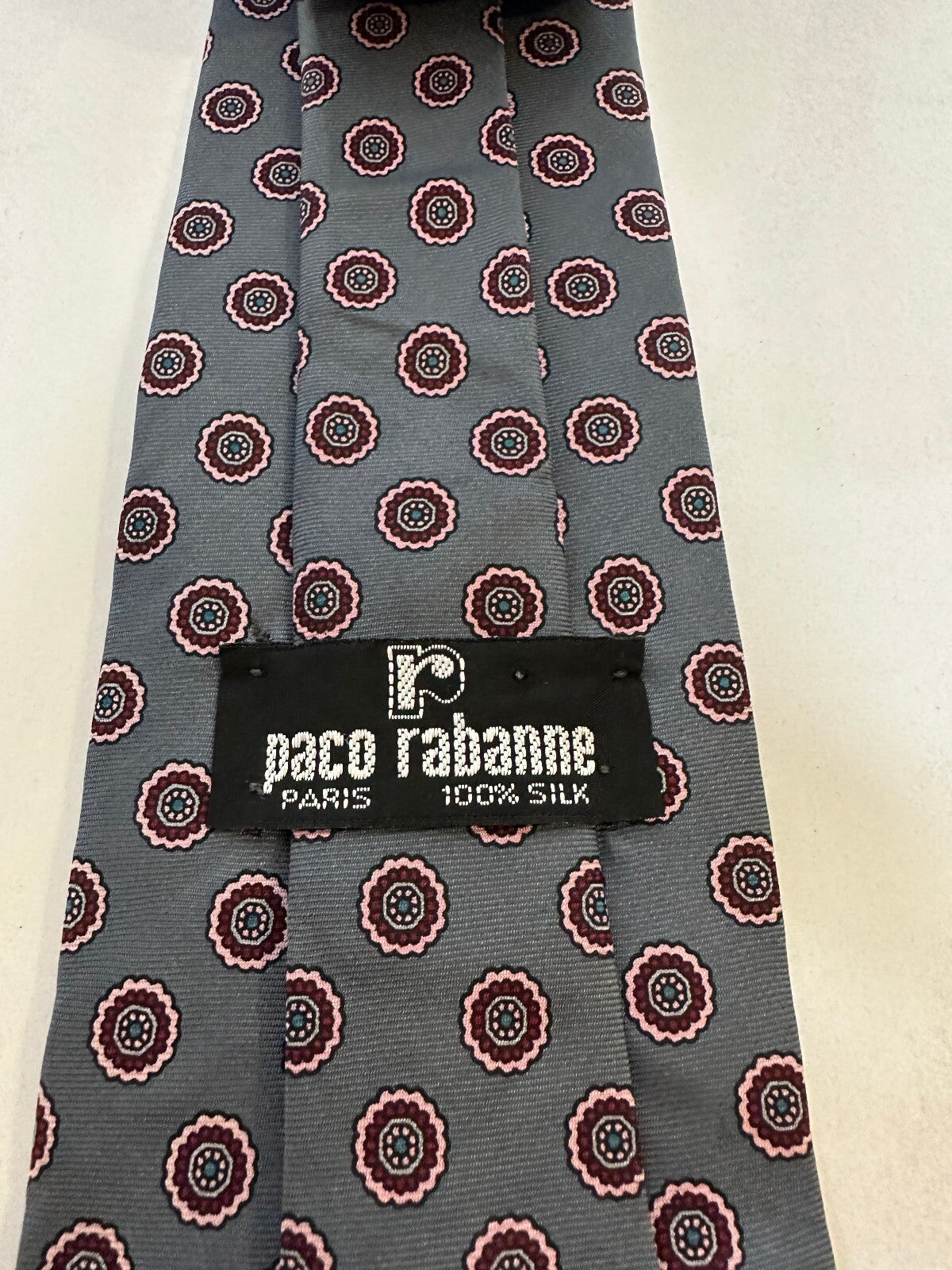 Vintage Paco Rabanne grey blue floral geometric 100% silk tie designer old money