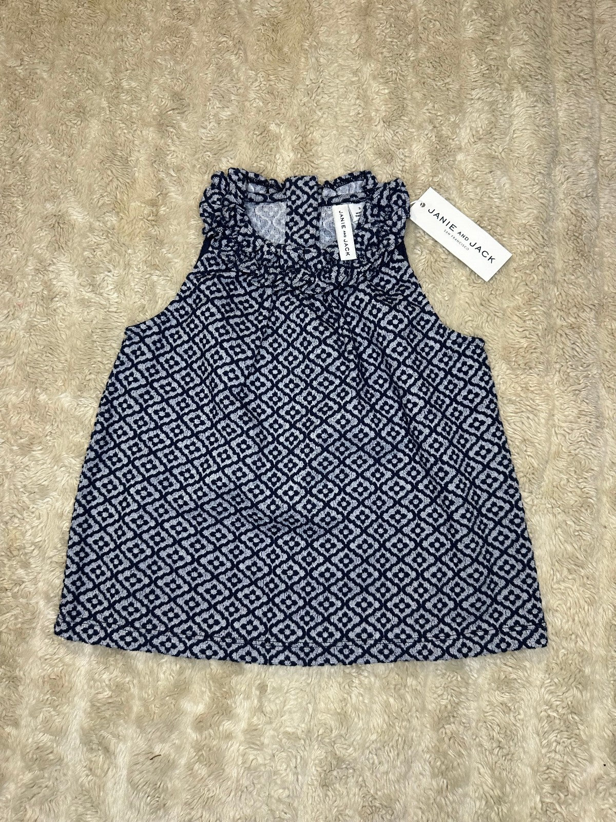 Janie and Jack textured navy blue white geometric floral sleeveless top Size 3