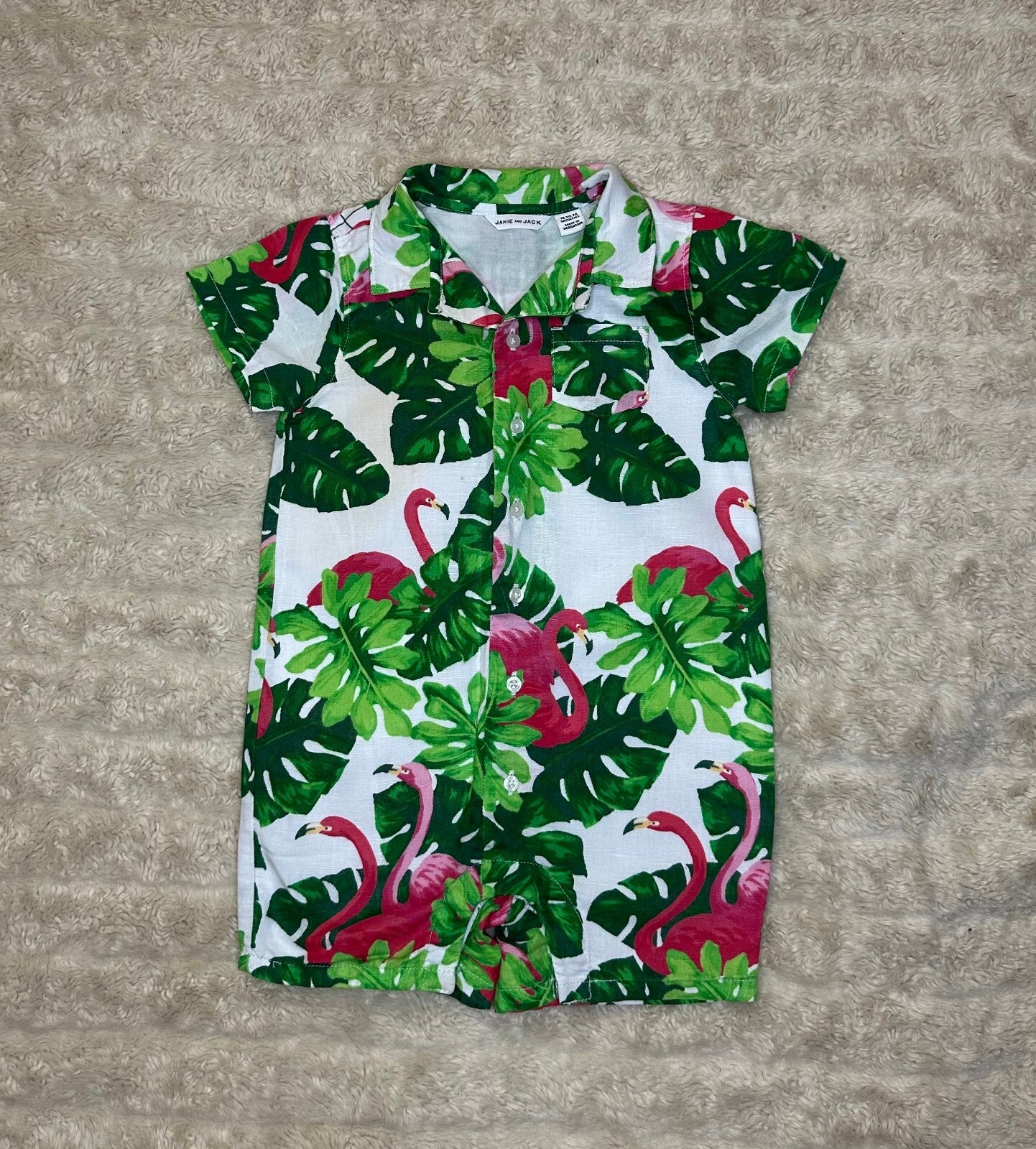 Janie and Jack green pink white short sleeve linen-cotton romper 18-24M tropical