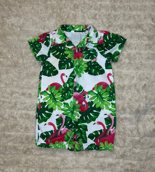 Janie and Jack green pink white short sleeve linen-cotton romper 18-24M tropical
