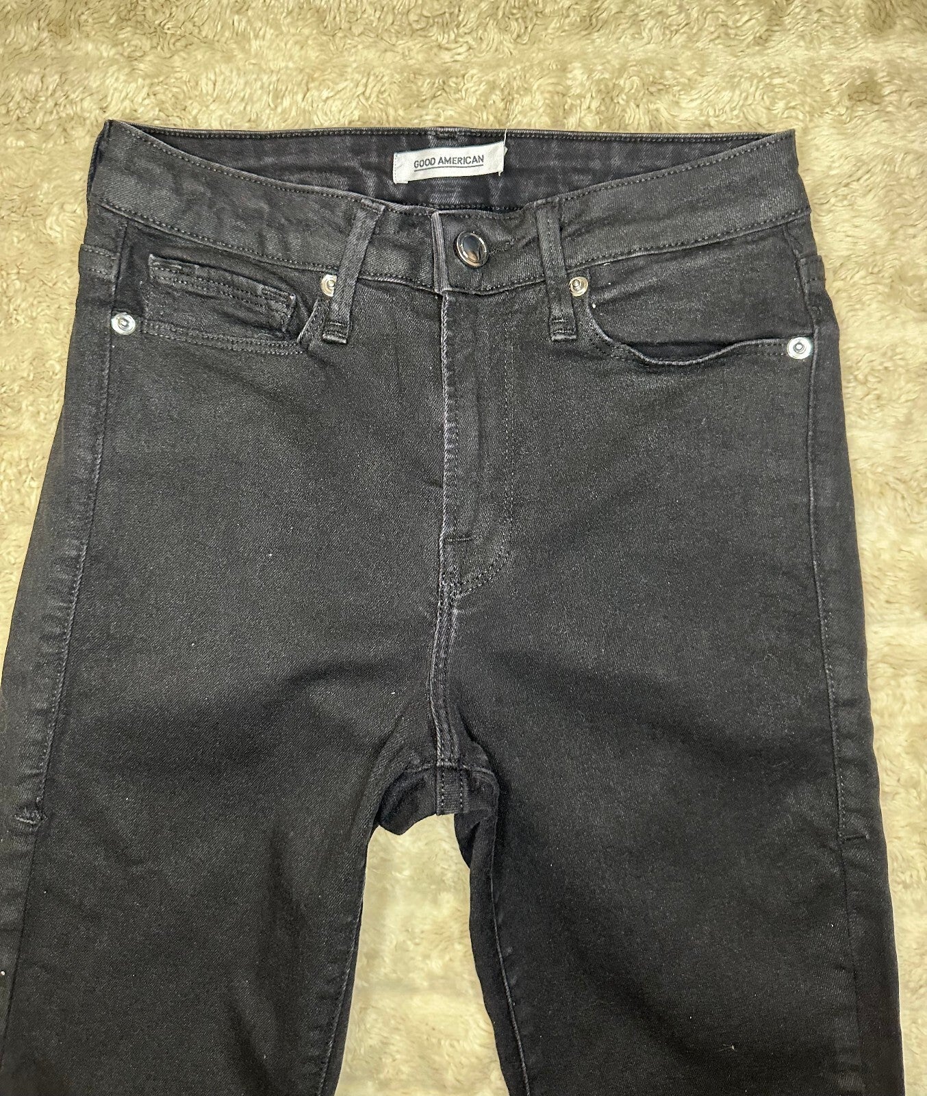 Good American Good Legs black mid-rise coated straight stretch denim jeans 0/25