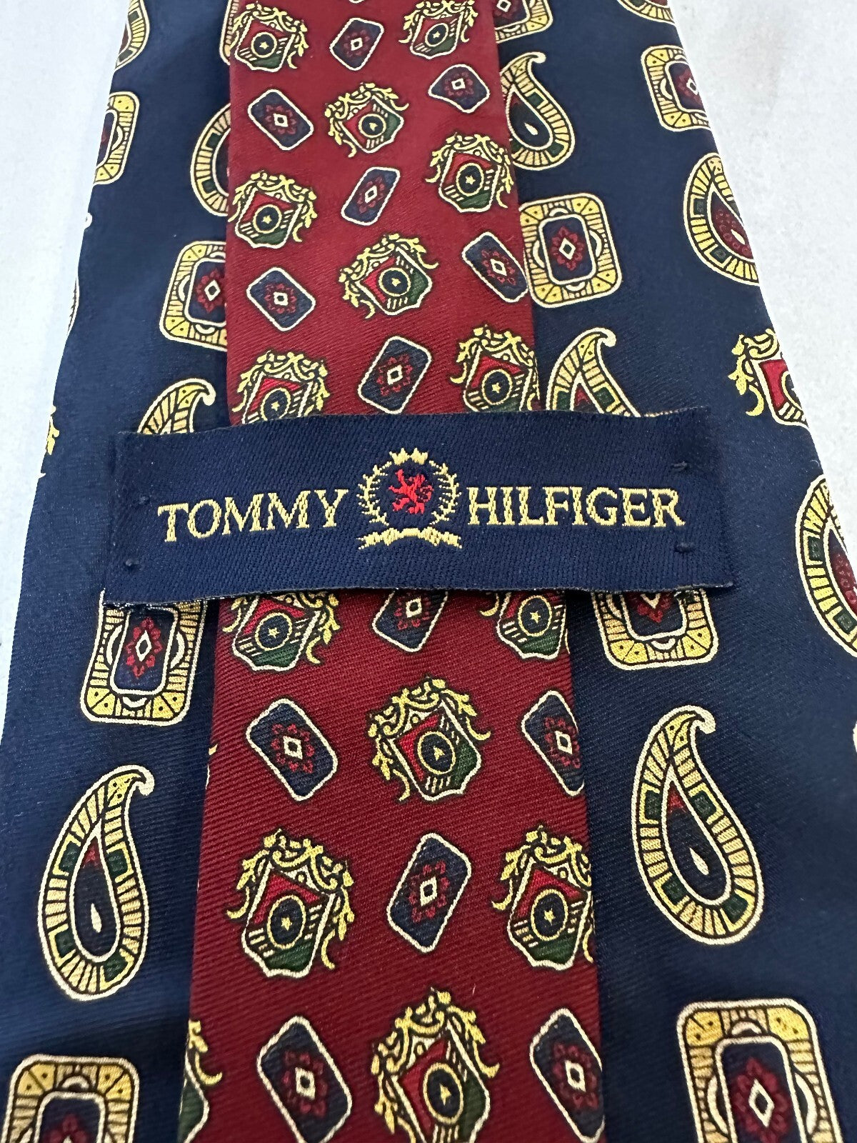 Tommy Hilfiger navy burgundy gold paisley rectangular geometric 100% silk tie