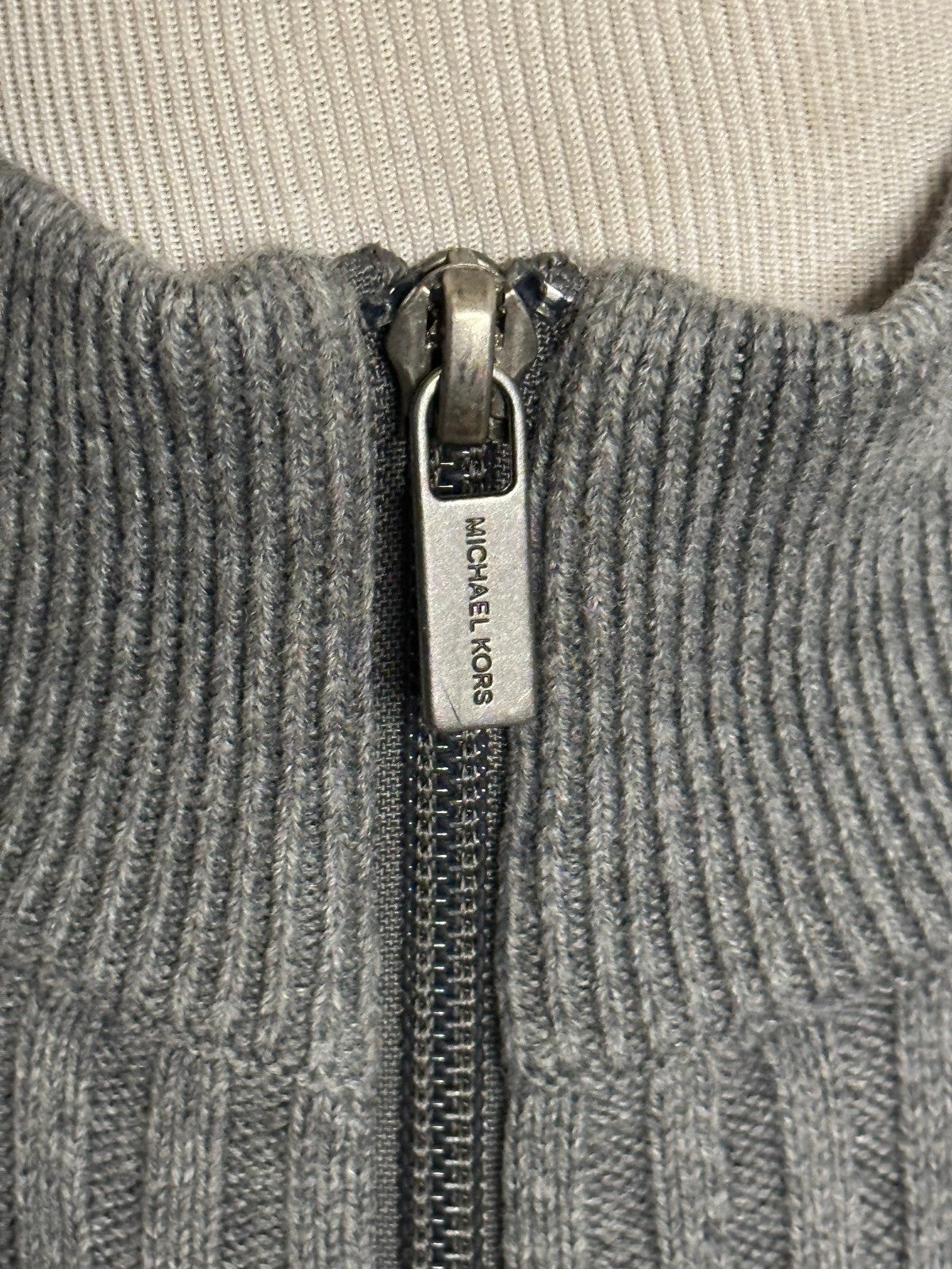 Michael Kors grey ribbed knit long sleeve full zip sweater Medium minimalism
