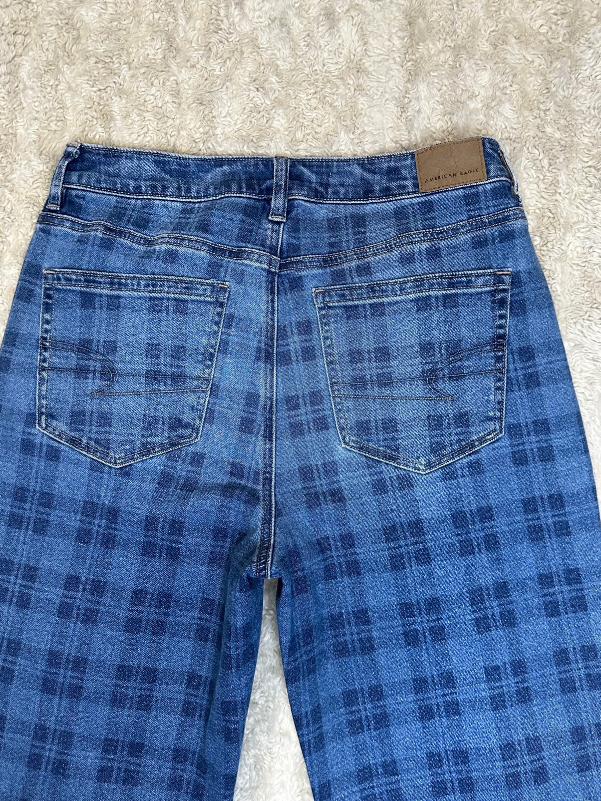 American Eagle Mom Straight medium-dark check plaid stretch denim jeans Size 6