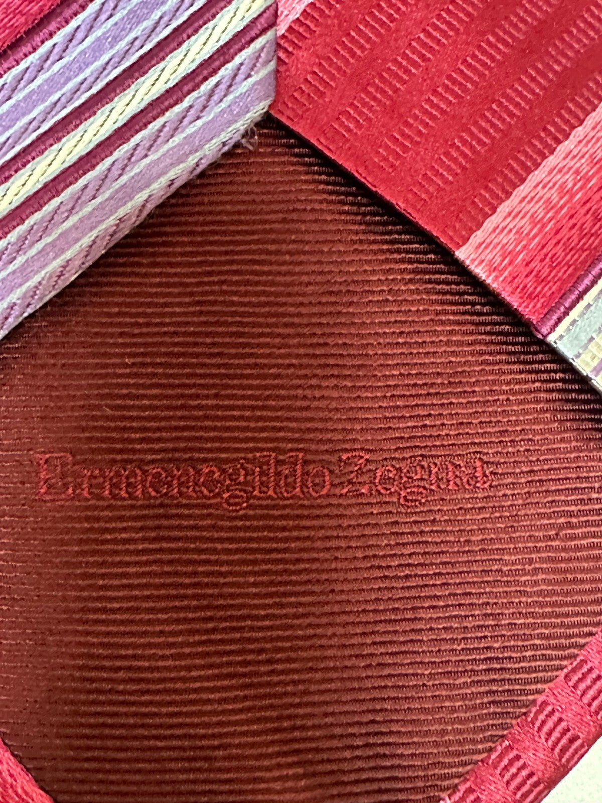 Ermenegildo Zegna burgundy pink blue diagonal striped silk tie quiet luxury