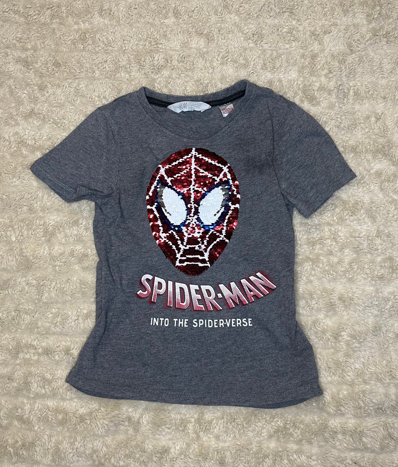 H&M x Marvel gray Spider-Man Into the Spider-Verse flip sequin t-shirt 4-6Y