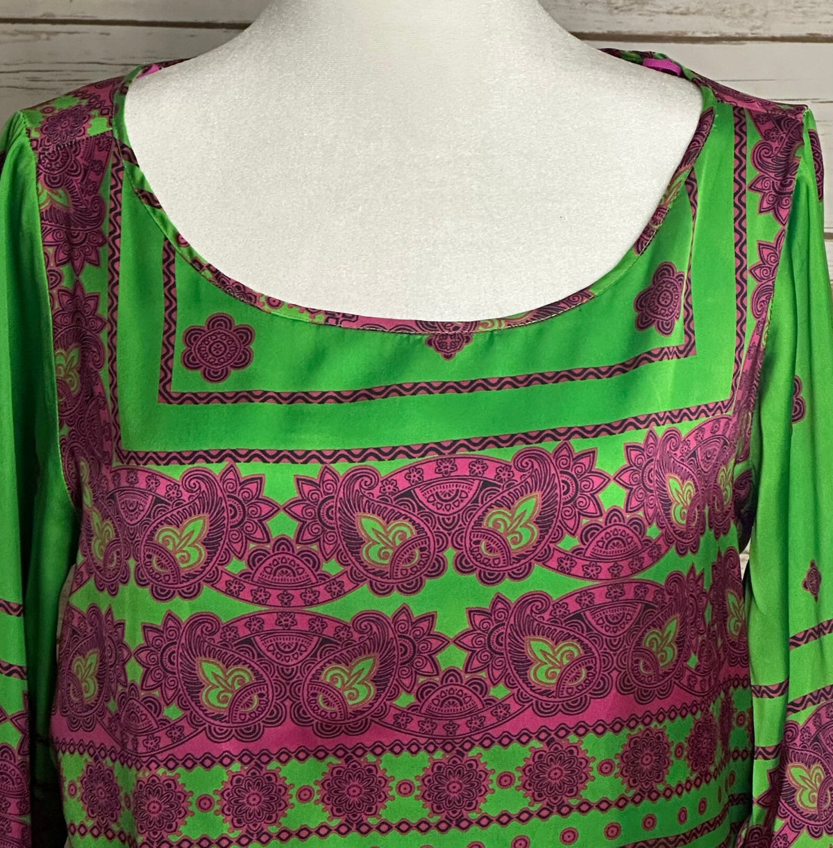 Zara green purple paisley floral 3/4 length sleeve tunic top Medium boho chic
