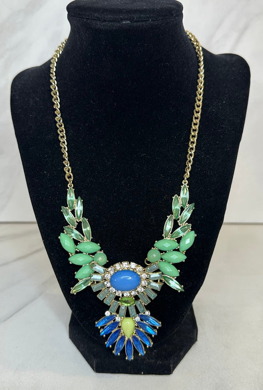 Multicolored mint green cobalt blue aqua gold tone statement bib necklace