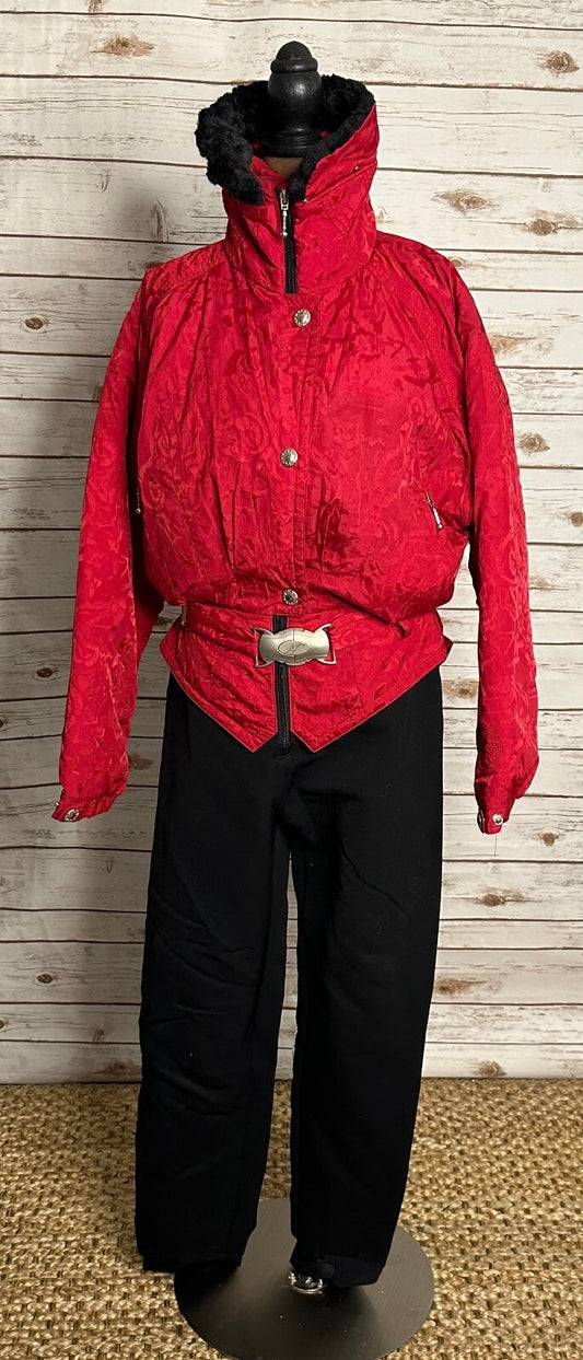 Vintage Nordica Altia red black faux fur trim collar one-piece ski suit Size 10