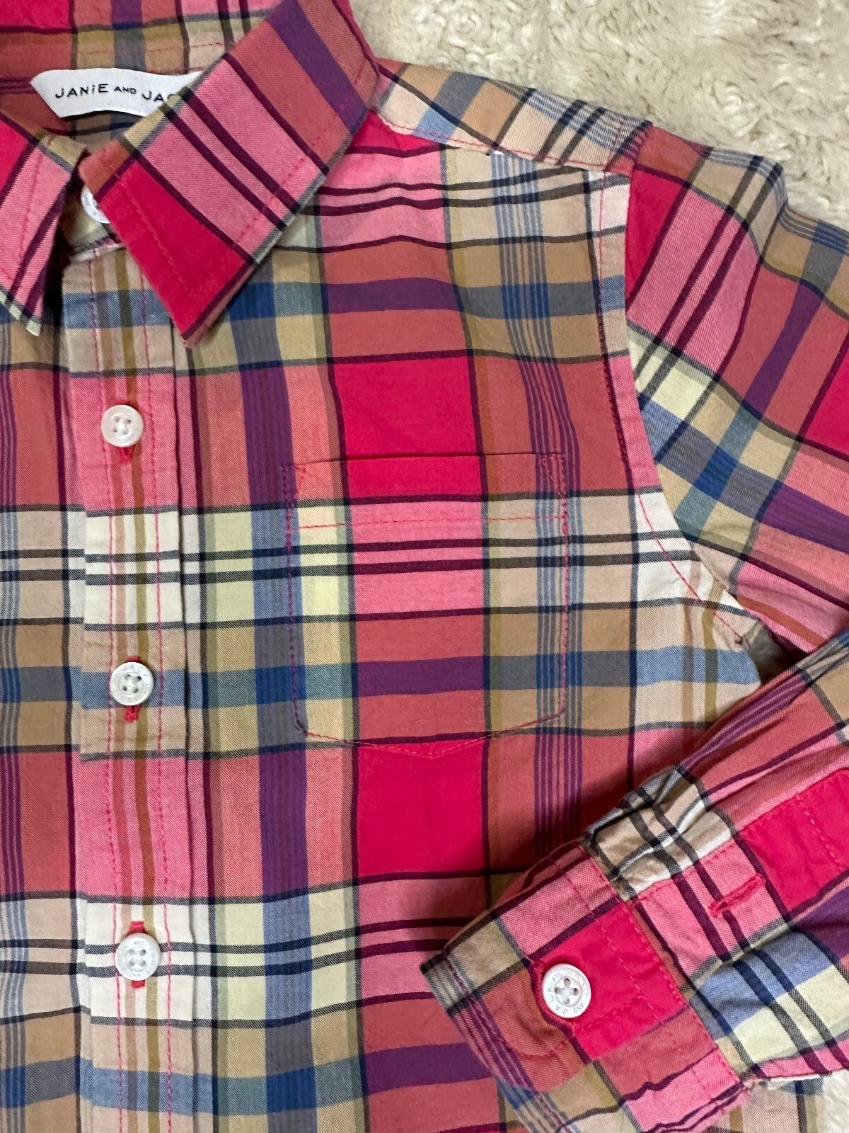 Janie and Jack pink multicolored plaid 100% cotton long sleeve button-up shirt 4
