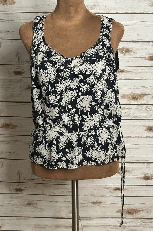 Ann Taylor black ivory floral sleeveless 100% silk peplum top 8P cottagecore