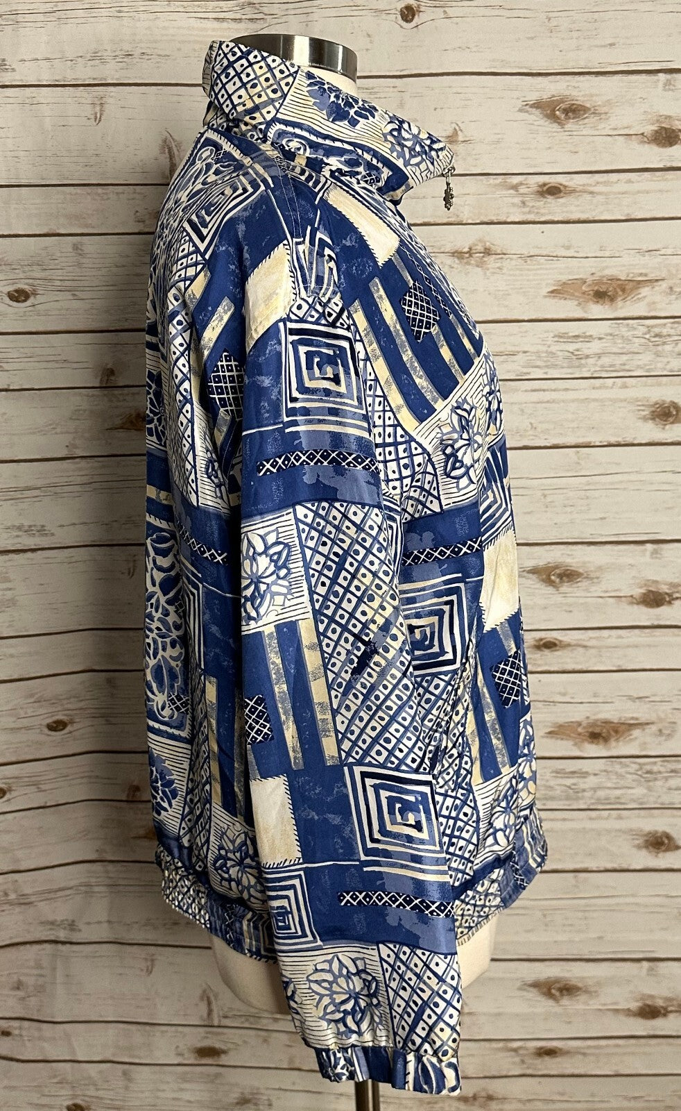 Vintage East West Silks blue white geometric 100% silk bomber-style jacket Large