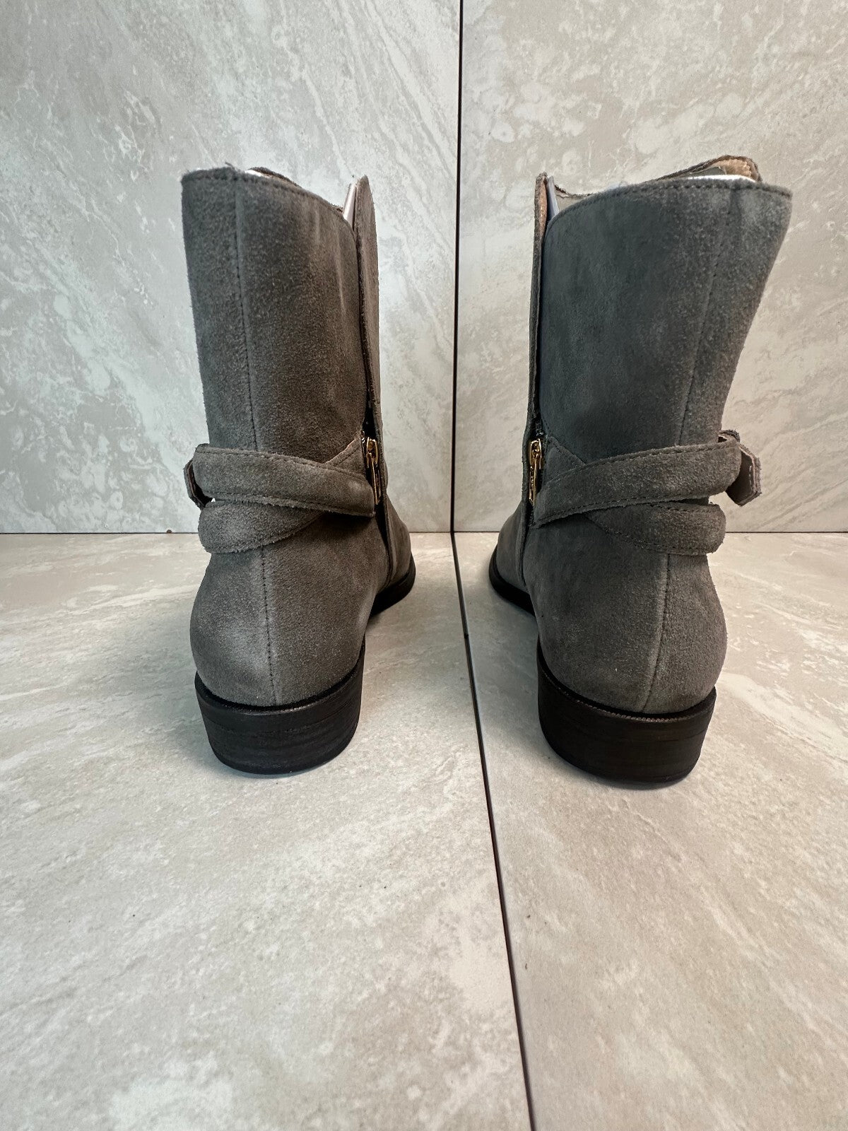 Discontinued UGG Kelby mouse gray suede harness moto mid-calf boots Size 8 biker