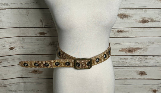 Gold bronze croc-embossed grommet buckle belt L/XL boho chic festival Y2K