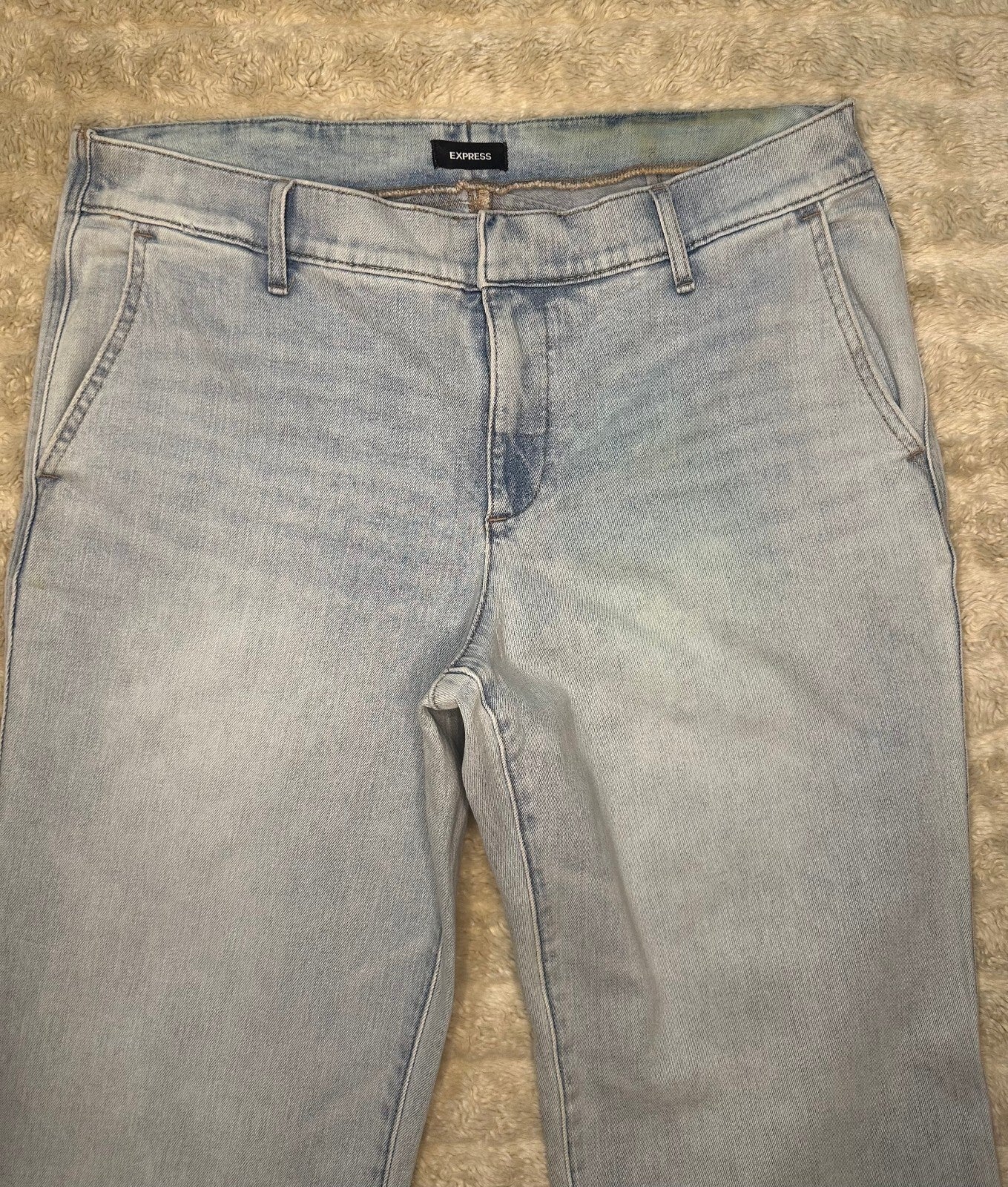 Express 70s Flare Mid Rise light wash stretch denim jeans 12S coastal cowgirl