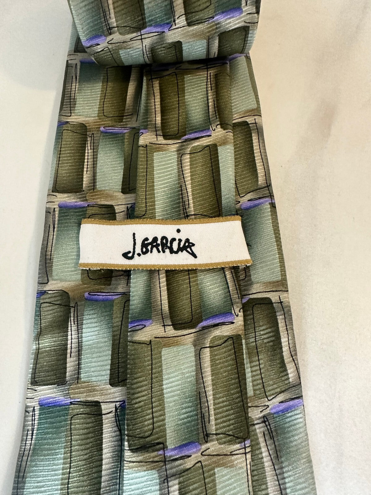 J. Garcia green multicolored abstract geometric 100% silk tie artsy maximalism