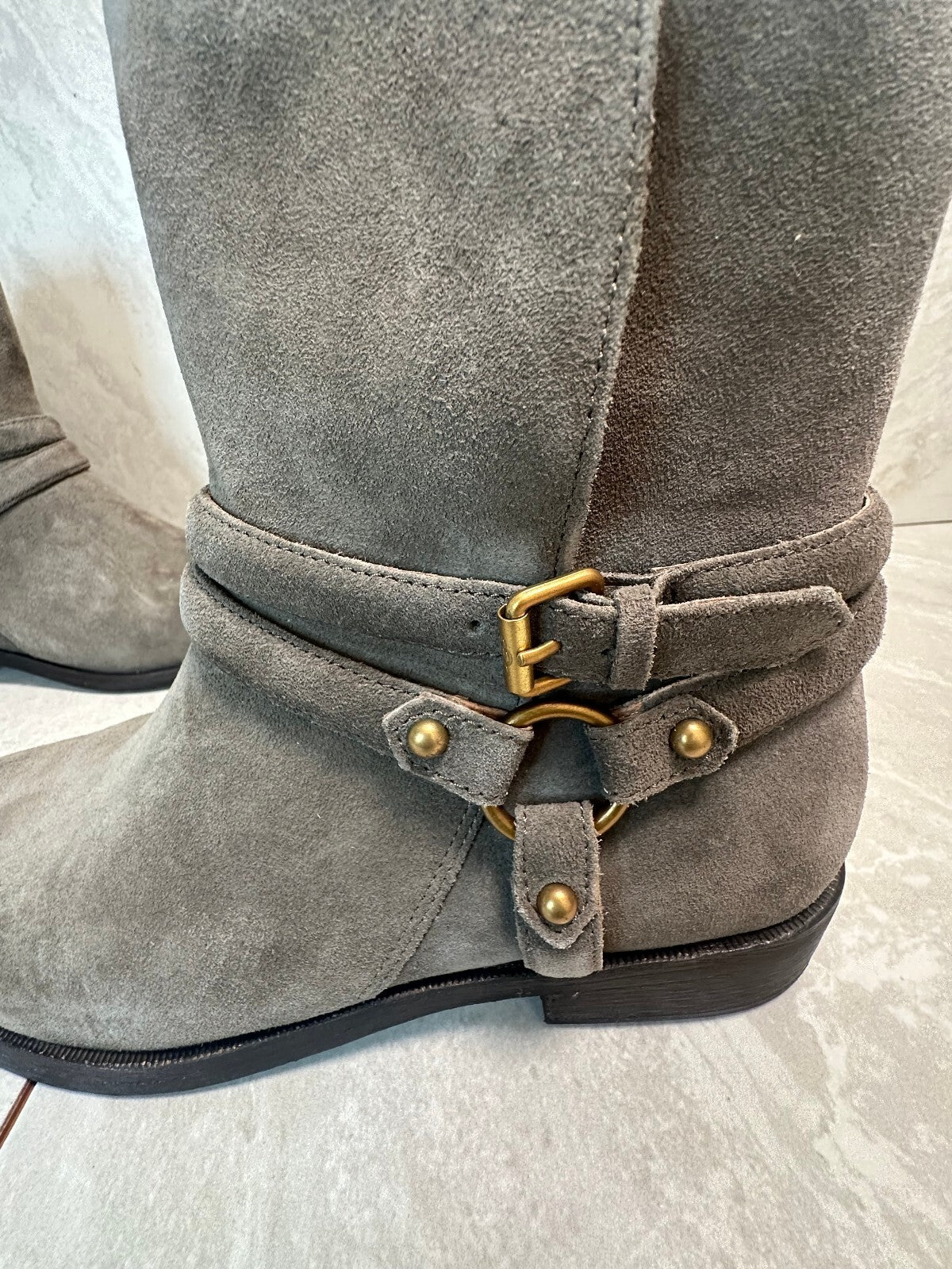 Discontinued UGG Kelby mouse gray suede harness moto mid-calf boots Size 8 biker