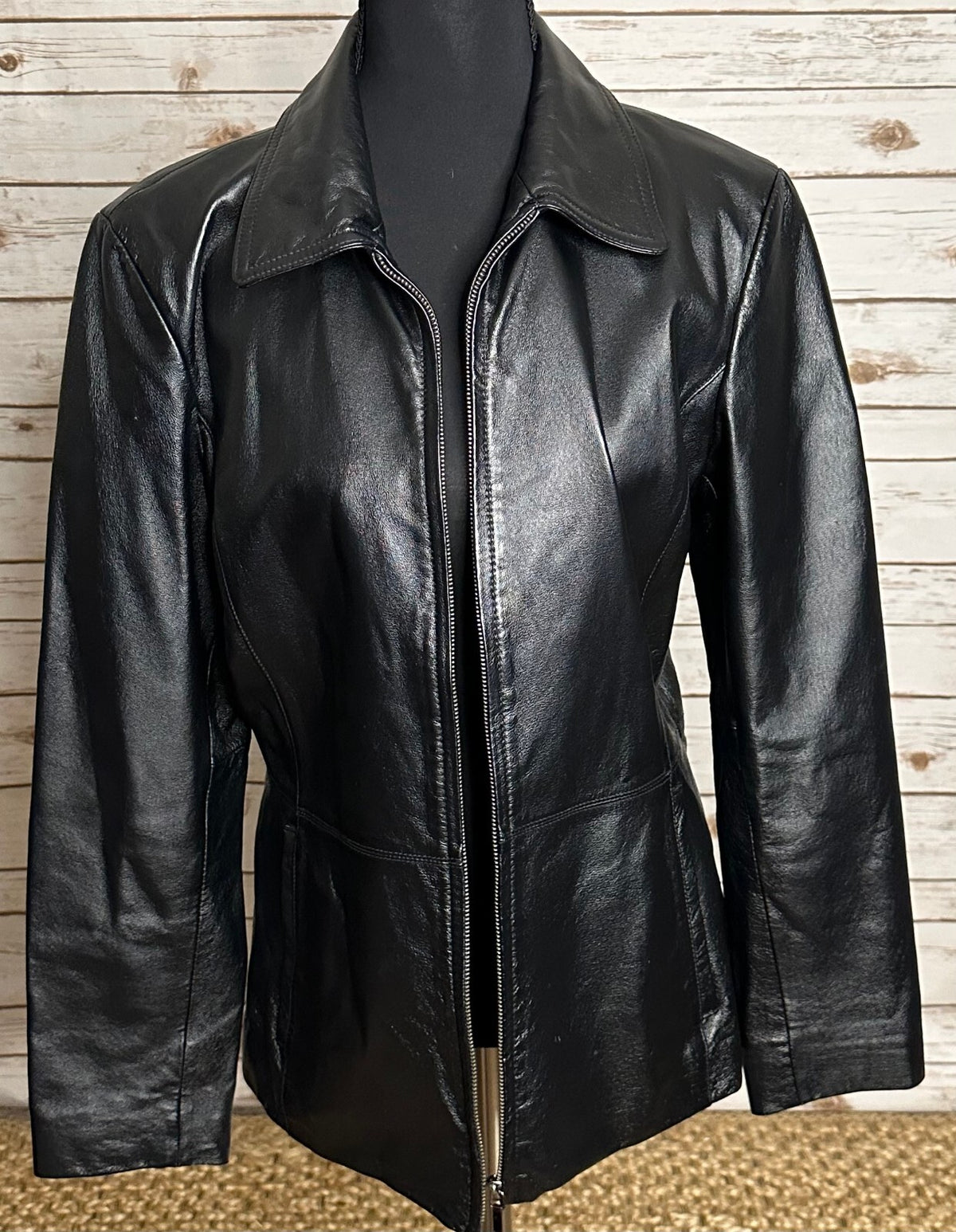 Black 100% leather full zip long sleeve jacket Small minimalist quiet luxury