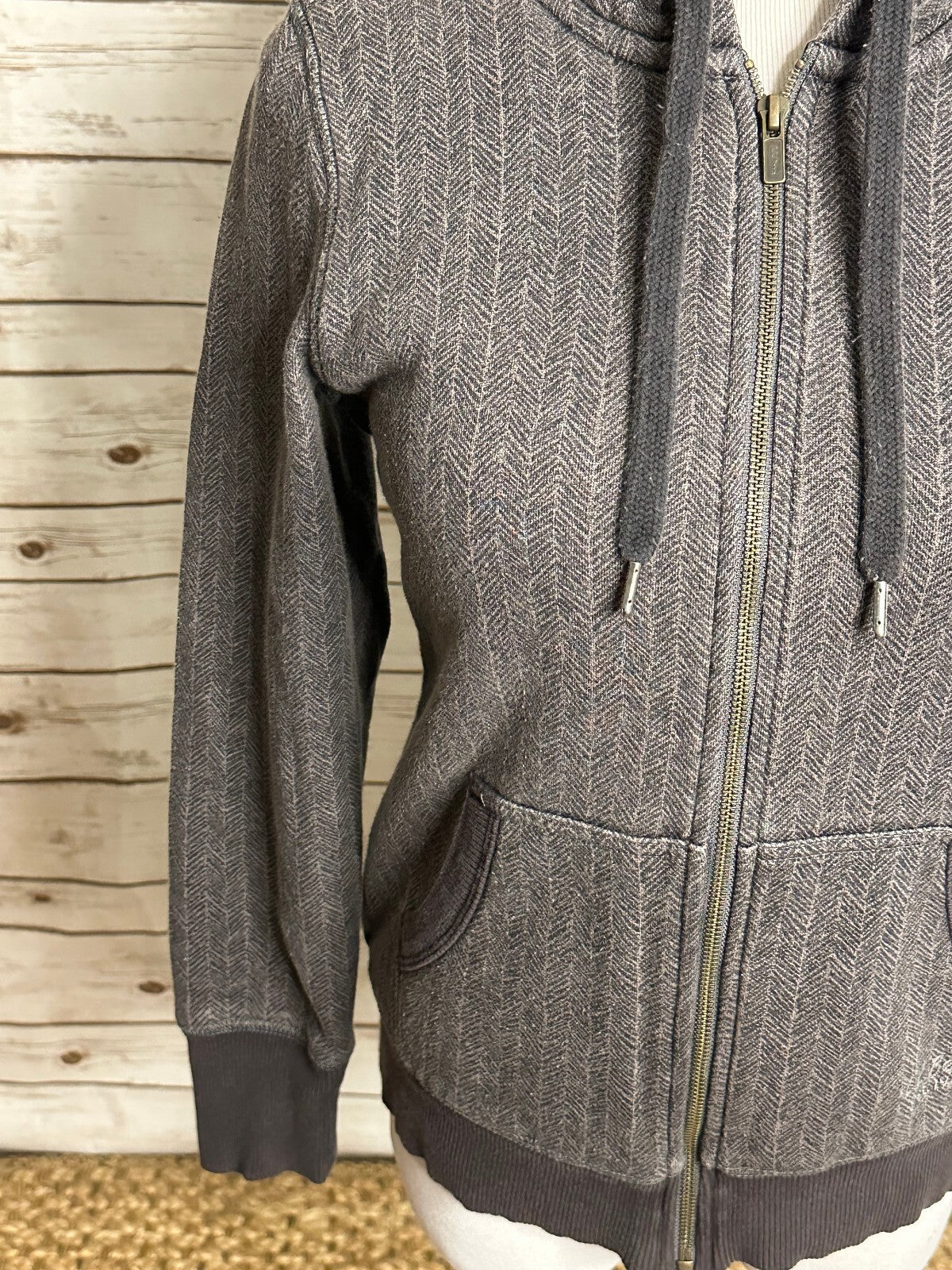 L.L. Bean grey-brown herringbone full-zip sherpa-lined hooded sweatshirt Size XS