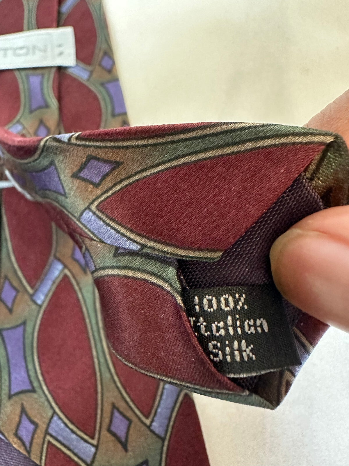 Vintage Halston burgundy olive lavender geometric 100% Italian silk tie Art Deco