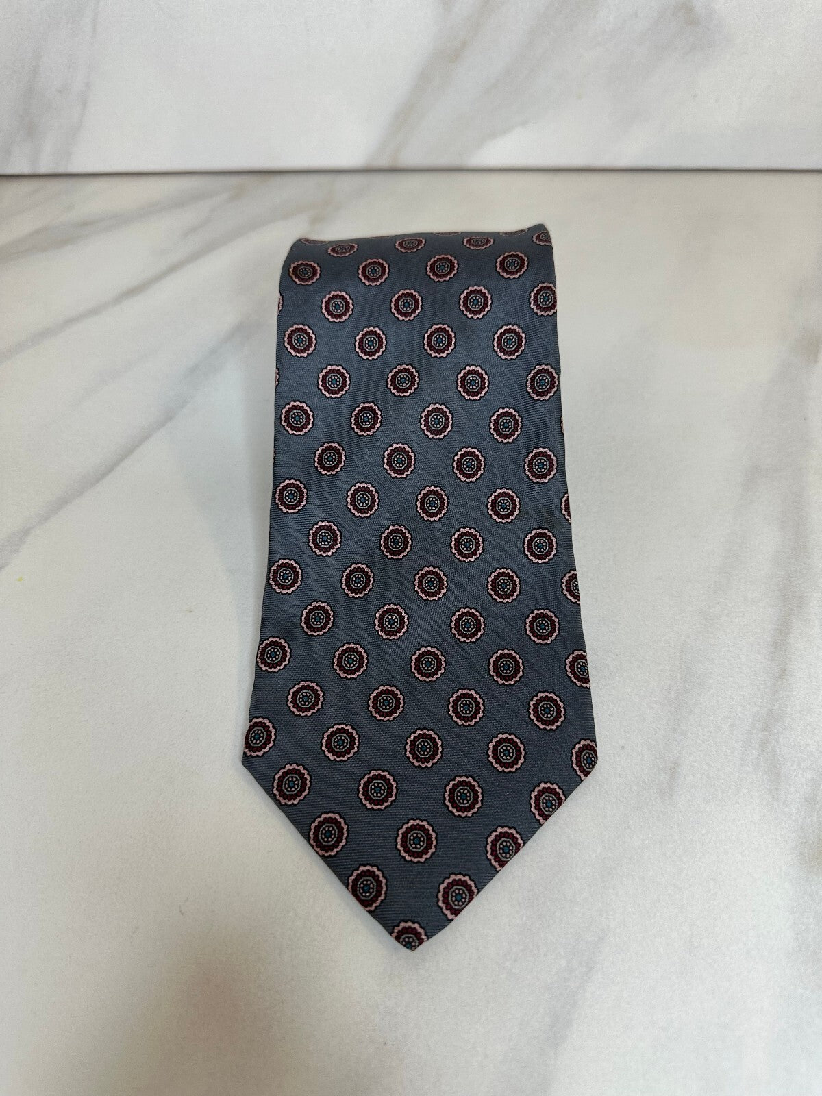 Vintage Paco Rabanne grey blue floral geometric 100% silk tie designer old money