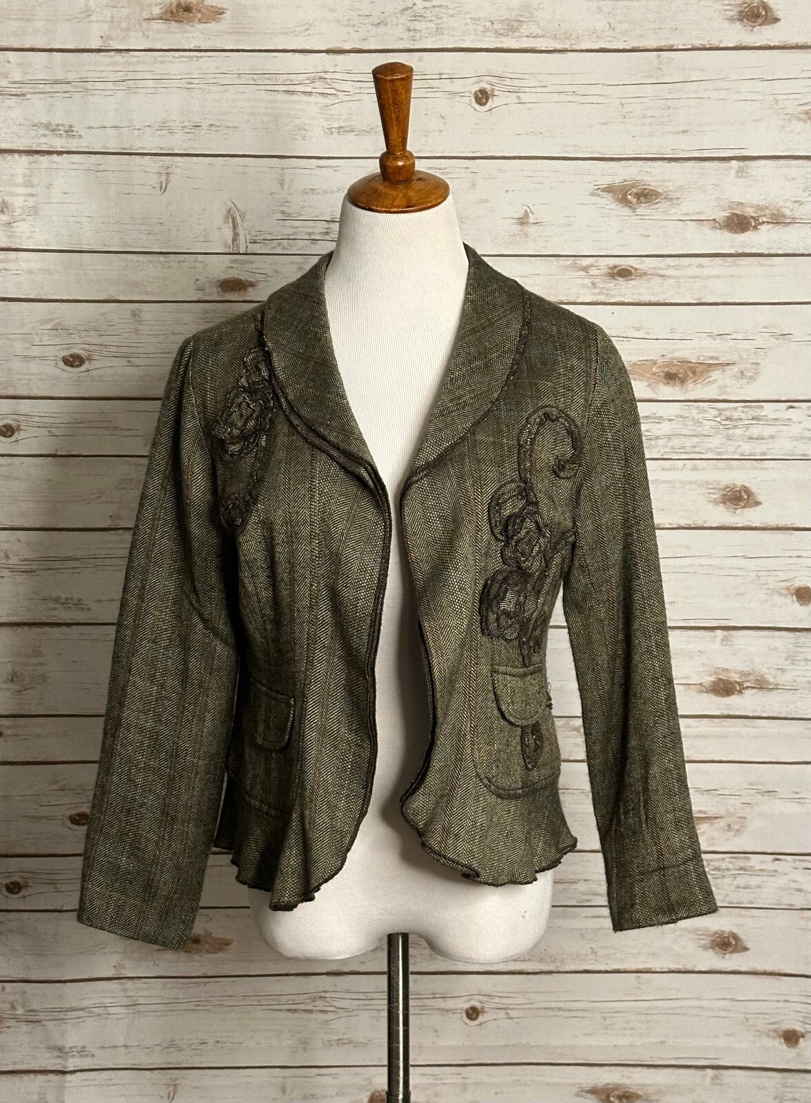 Coldwater Creek brown herringbone floral embroidered peplum blazer Size P10