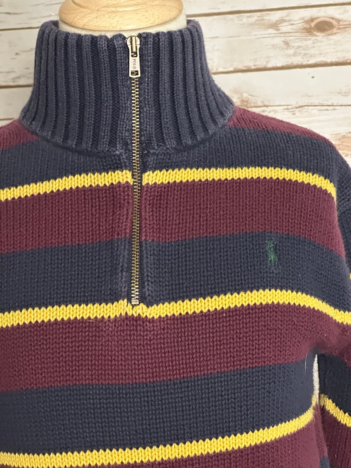 Polo Ralph Lauren burgundy navy yellow stripe cotton quarter zip sweater Size 7