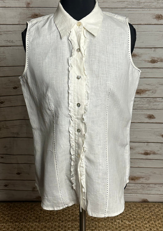 edward white sleeveless 100% Irish linen ruffled front button-up blouse Small