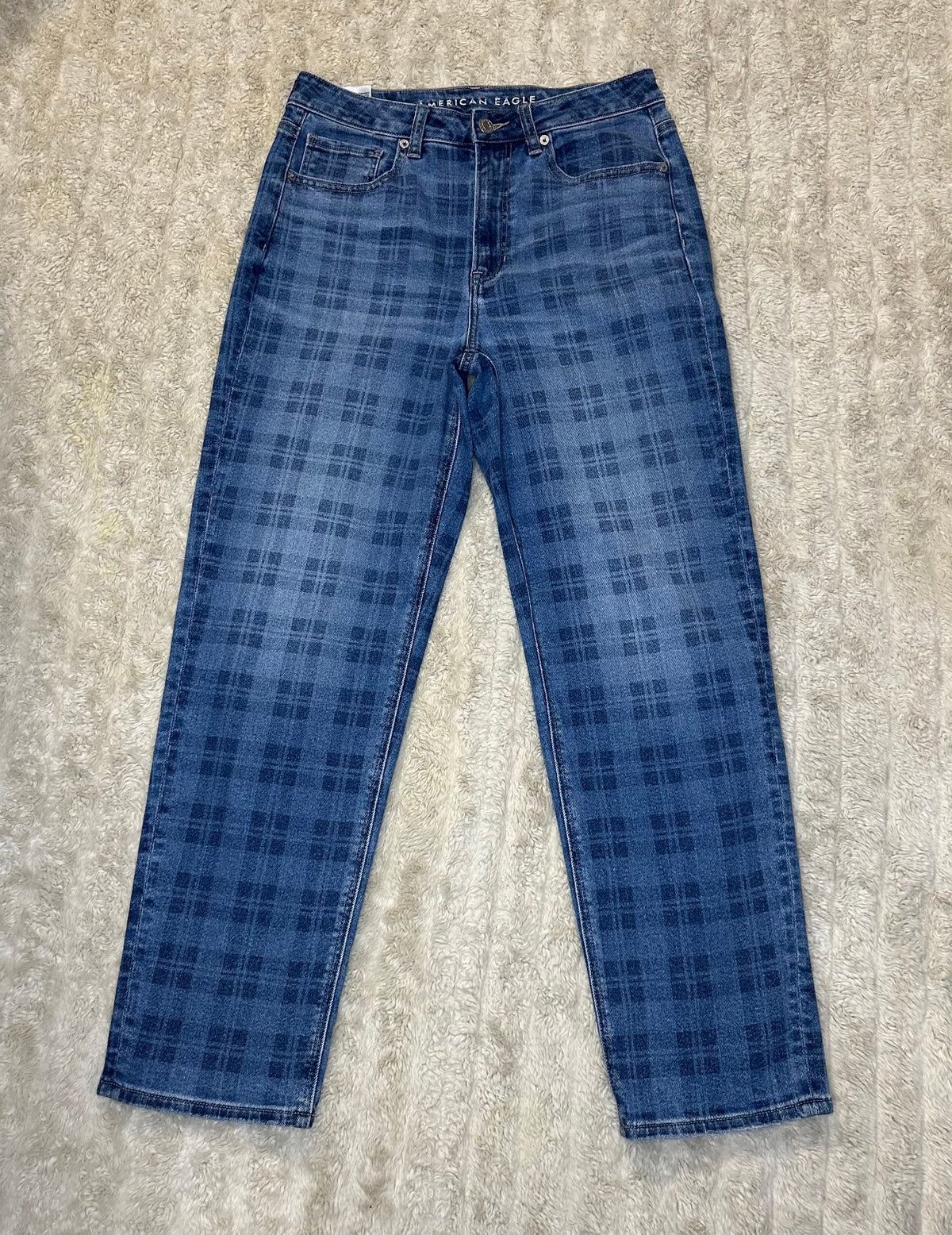 American Eagle Mom Straight medium-dark check plaid stretch denim jeans Size 6