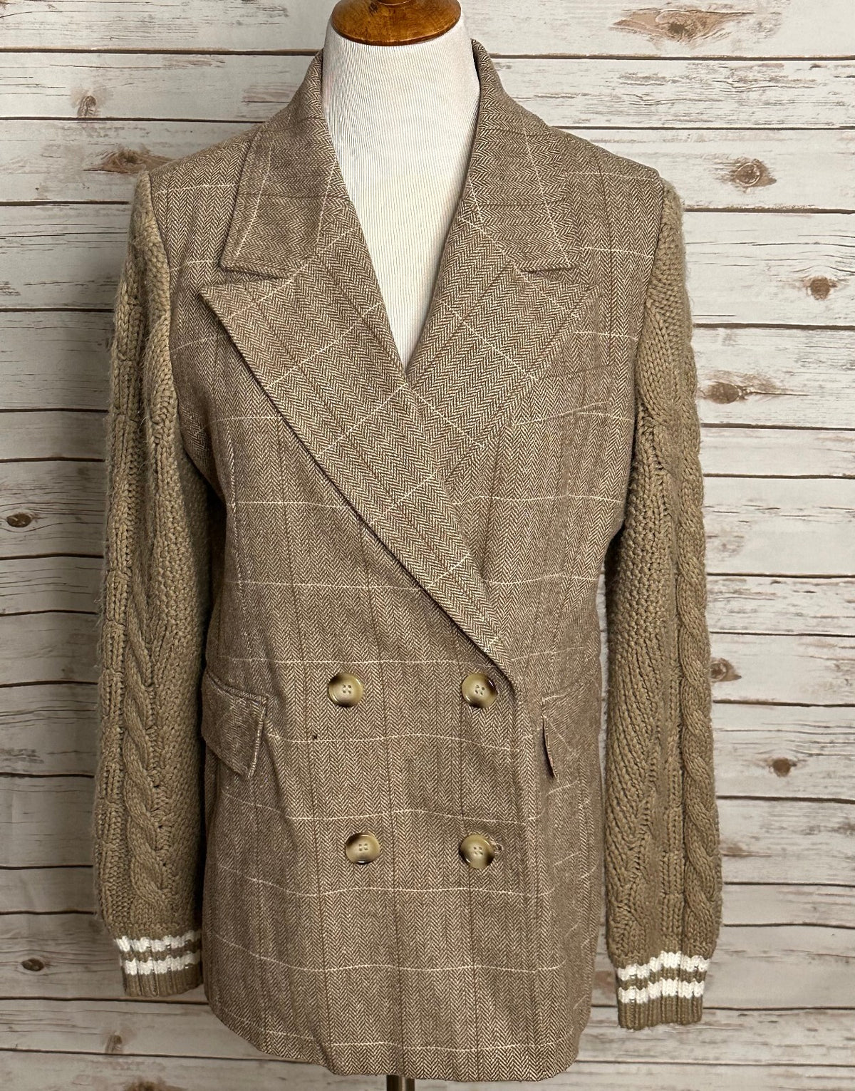 Avec Les Filles taupe herringbone long cable-knit sleeve wool-blend blazer Medium
