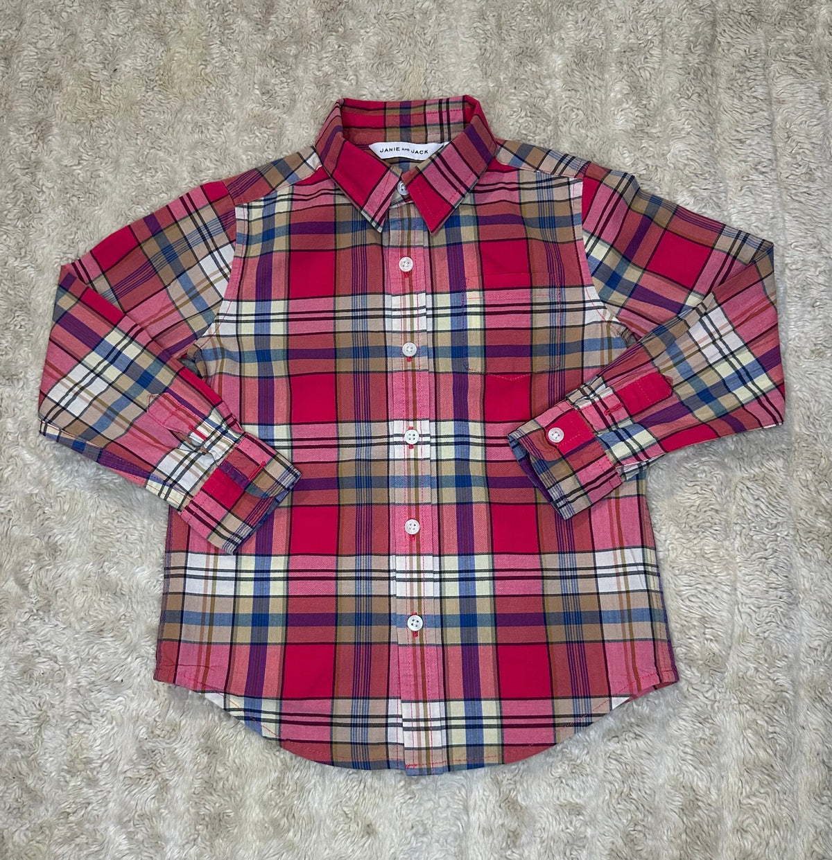Janie and Jack pink multicolored plaid 100% cotton long sleeve button-up shirt 4