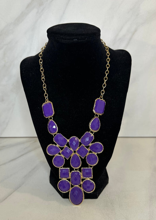 Purple faceted stone geometric gold tone statement bib necklace