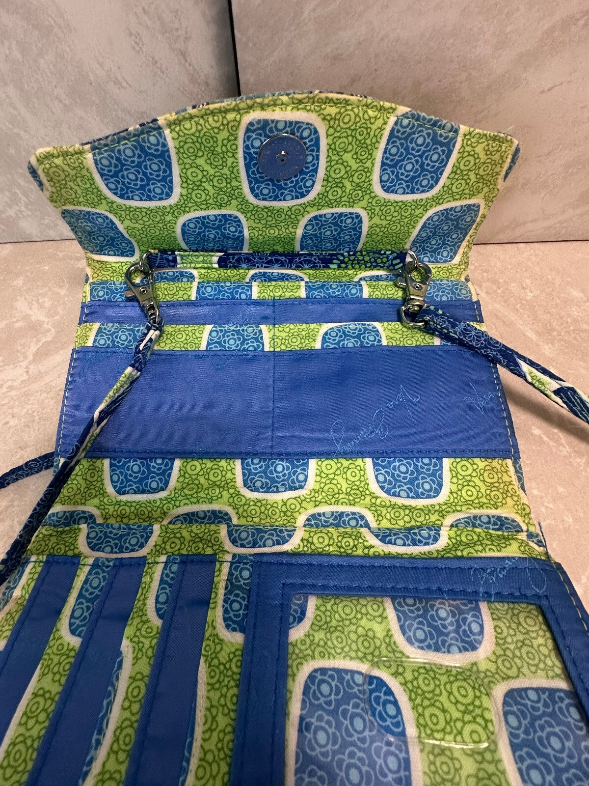 Vera Bradley retired blue green 'Doodle Daisy' quilted flap wallet crossbody bag